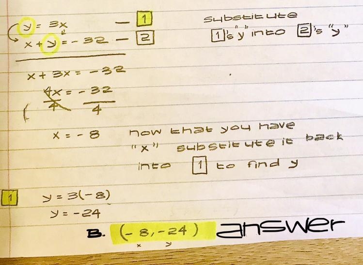 Solve the system of equations by using SUBSTITUTION. y = 3x x+y= -32 A) (8, 24) B-example-1