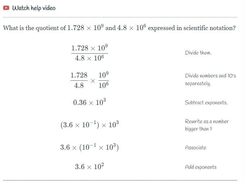 What is the quotient of 1.728 x 109 and 4.8 x 106 expressed in scientific notation-example-1