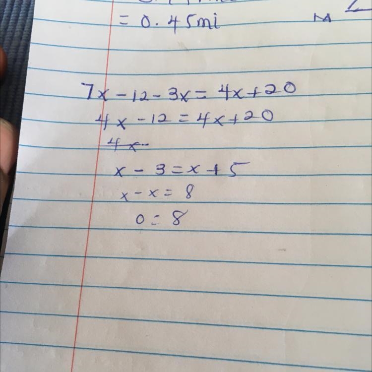 7x - 12 - 3x = 2(2x + 5) Solve for 15 Points-example-1