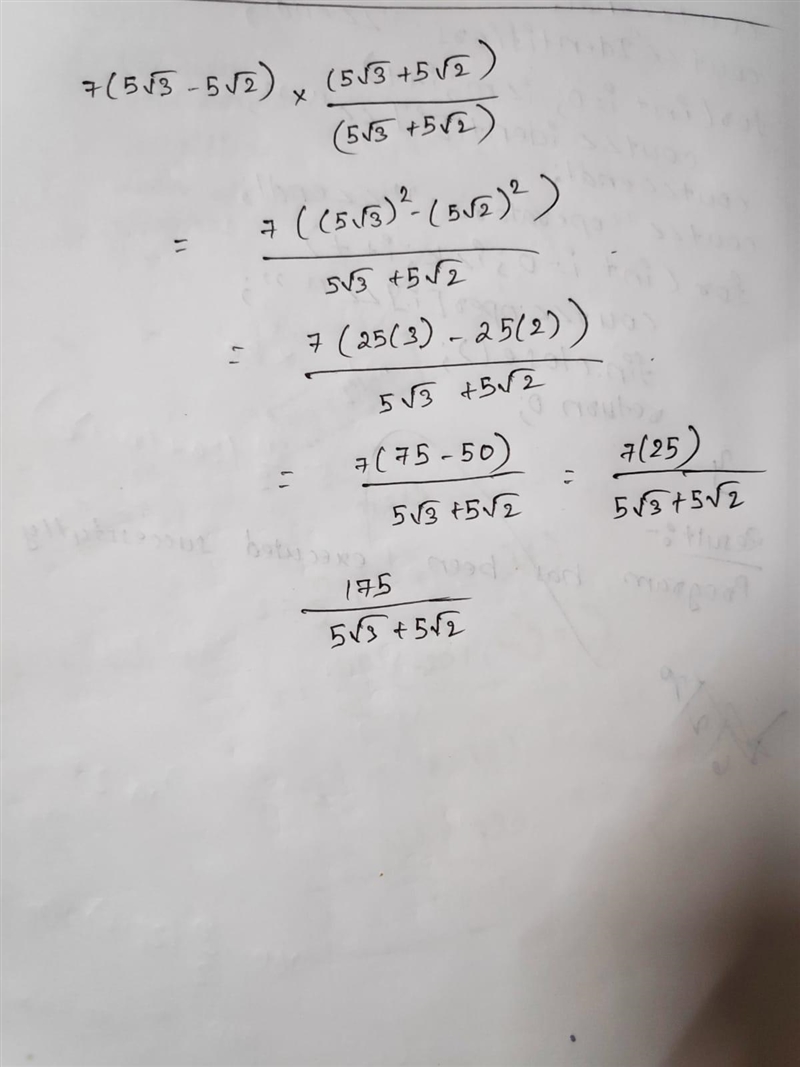 What would be the denominator after rationalizing 7/(5√3 - 5√2)?-example-1