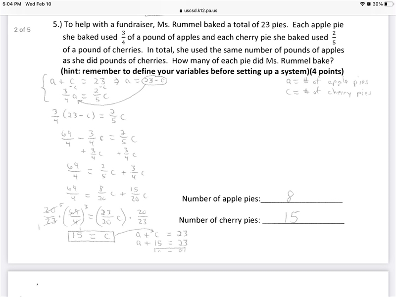 5.) To help with a fundraiser, Ms. Rummel baked a total of 23 pies. Each apple pie-example-1