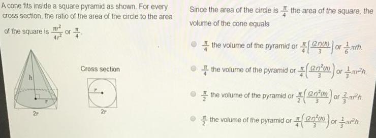 Since the area of the circle is I the area of the square, the volume of the cone equals-example-1