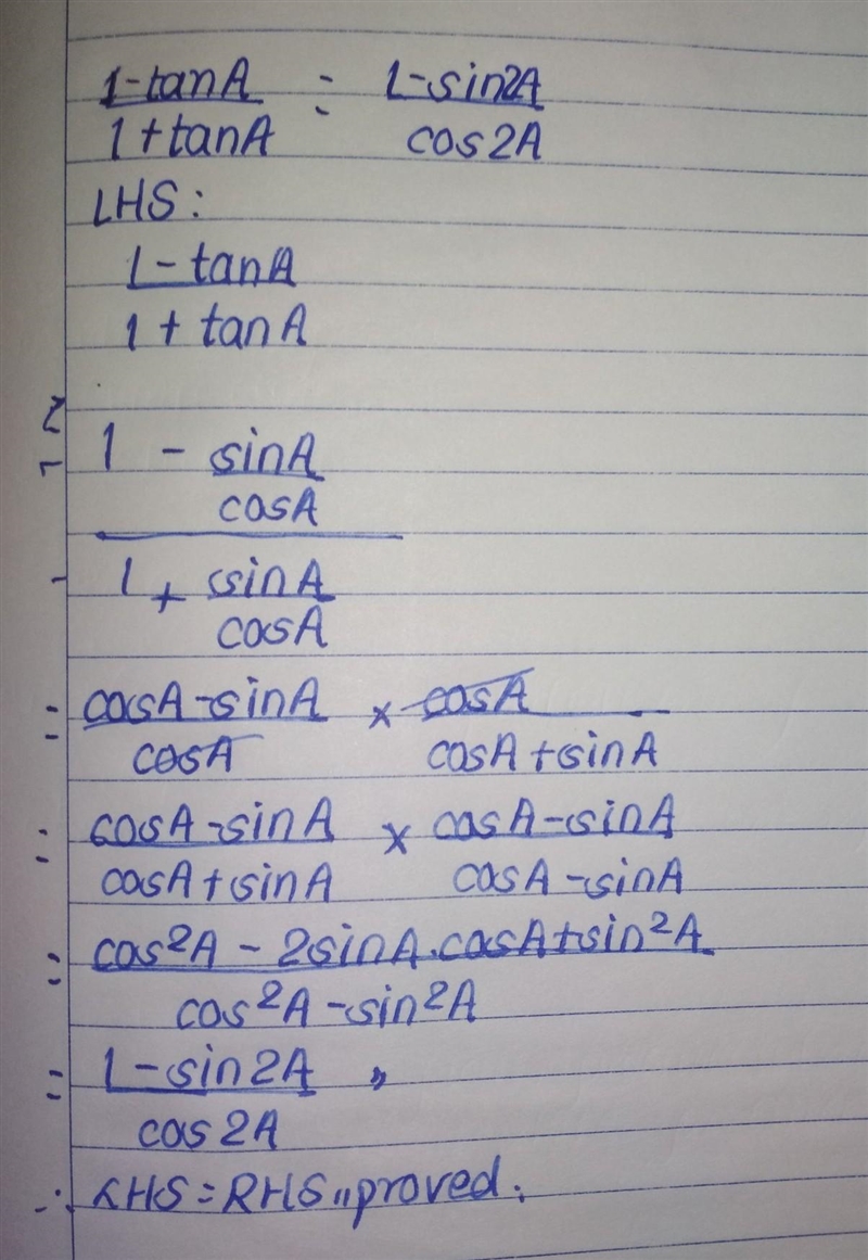 E)1- Tan A/1 + Tan A=1-Sin 2A/Cos 2A-example-1