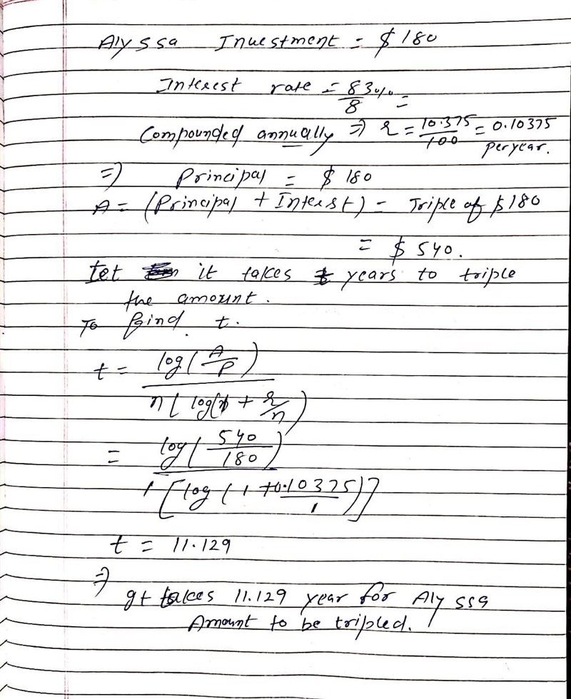 Alyssa invested $180 in an account paying an interest rate of 8 and 3/8 % compounded-example-1