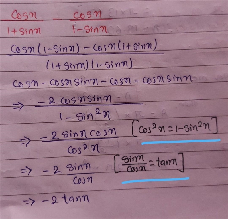 Verify [cos(x)/1+sin(x)] - [cos(x)/1-sin(x)] = -2tan(x)-example-1