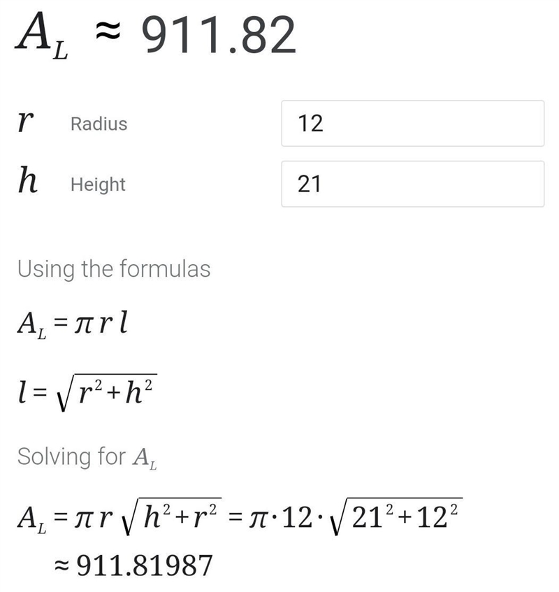 Find the lateral area and surface area of a cone with a radius of 12 and a height-example-1