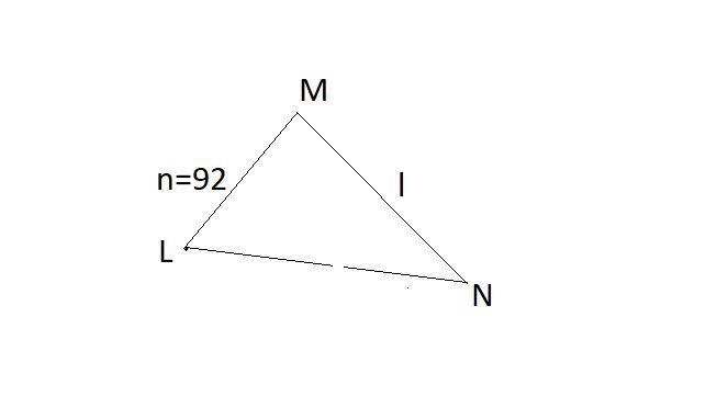 In ΔLMN, n = 92 inches, ∠N=46° and ∠L=11°. Find the length of l, to the nearest inch-example-1