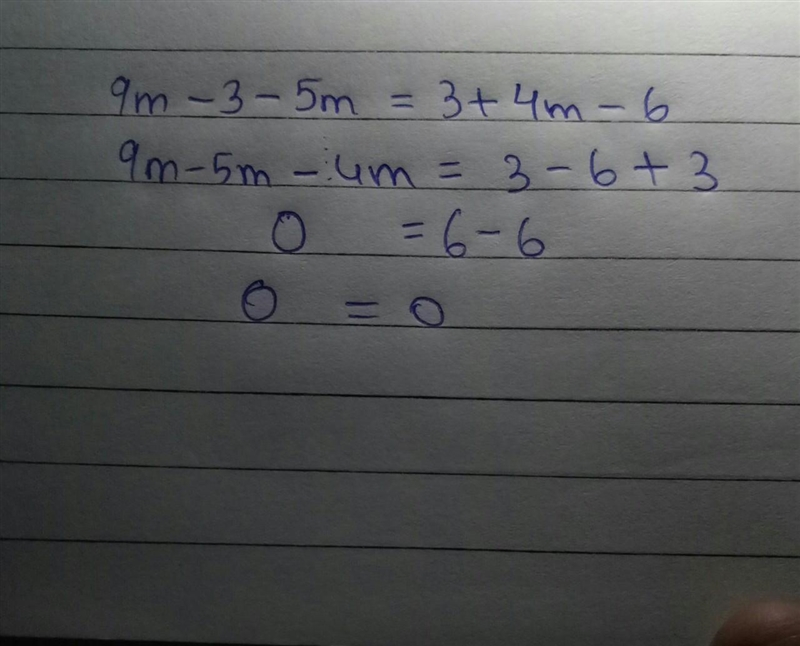 Choose the number of solutions for the equation. 9m – 3 – 5m = 3 + 4m – 6 A. Infinitely-example-1