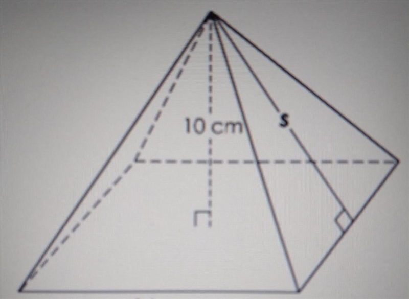 A right square pyramid is shown. The base has a side length, b, of 30 centimeters-example-1