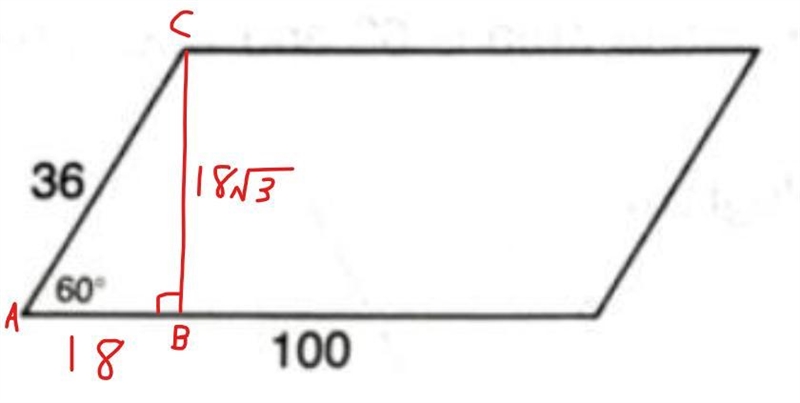 A parallelogram has a base of 100, a side length of 36, and interior angle of 60, what-example-1