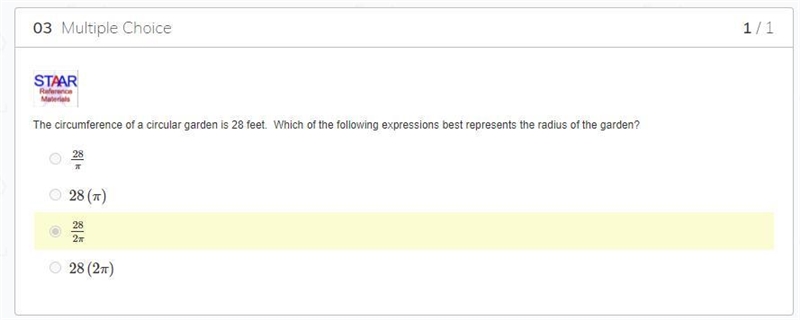 The circumference of a circular garden is 28 feet. Which of the following expressions-example-1