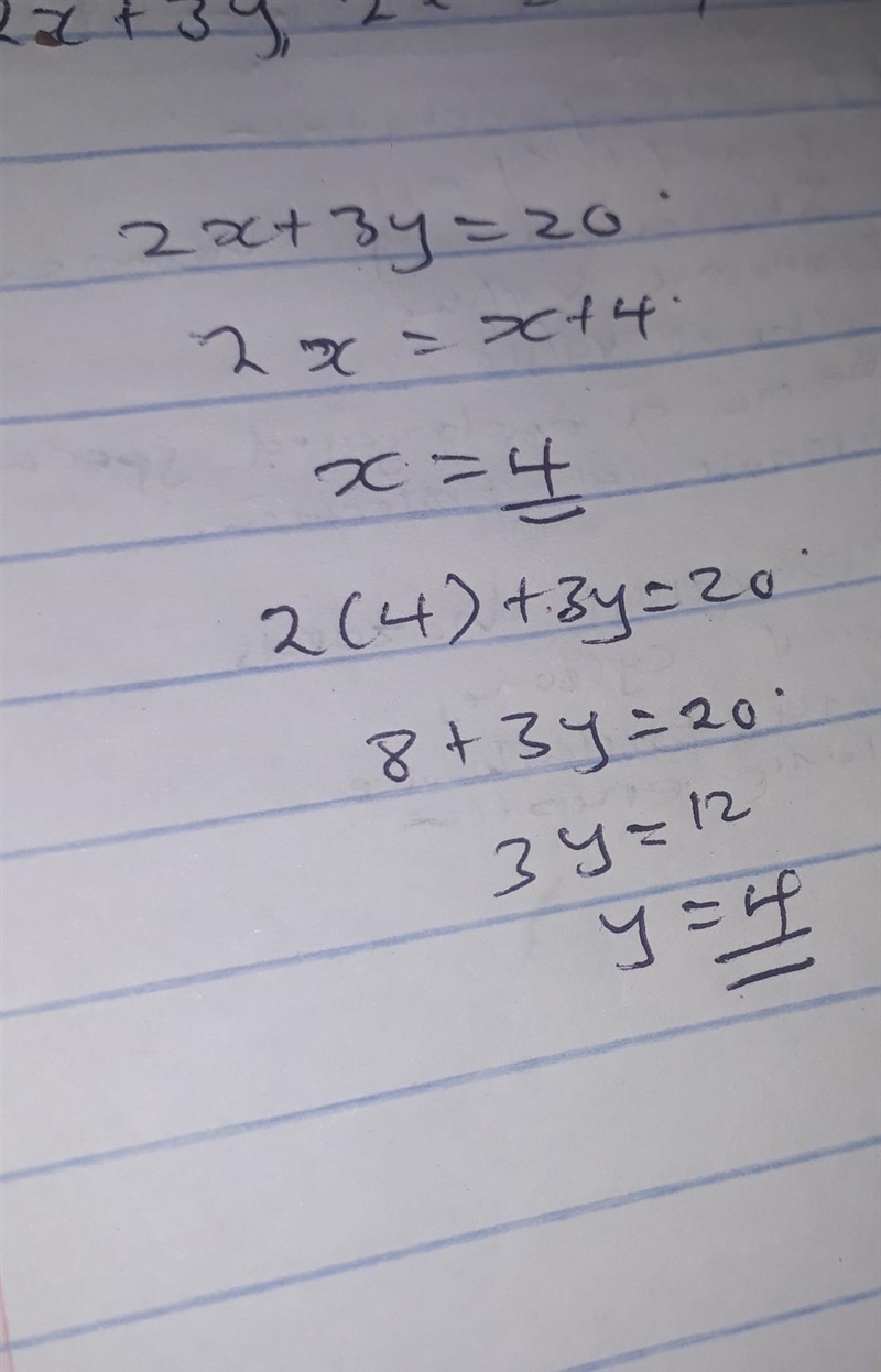 Find the value of x and y if (2x + 3y , 2x ) = (20,x +4)​-example-1