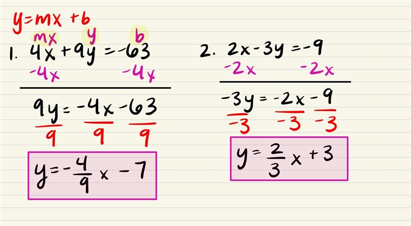 Need help to solve it in standard form ( y= mx+b ) 4x+9y= -63 2x-3y= -9​-example-1