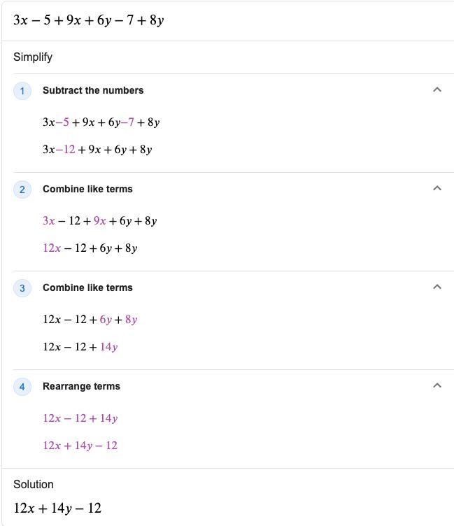 Simplify 3x-5+9x 6y-7+8y ty-example-1