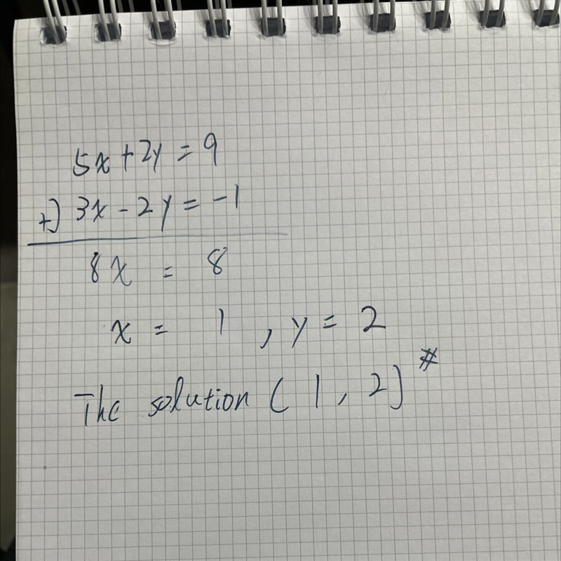 5x + 2y=9 3x – 2y= -1 Equation 1 Equation 2 2x = 10 x= 5 The solution is (5, -8). IDIT-example-1