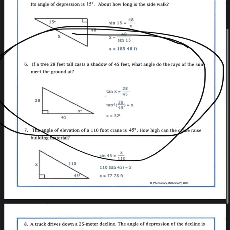 6. If a tree 28 feet tall casts a shadow of 45 feet, what angle do the rays of the-example-1