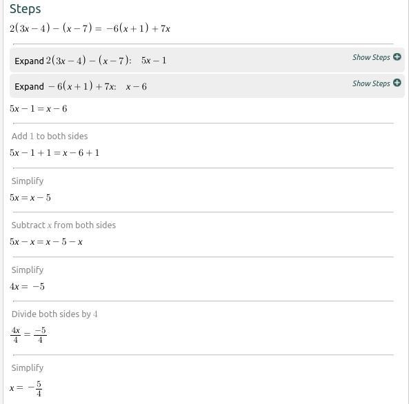 What is the answer step by step 2(3x-4)-(x-7)=-6(x+1)+7x-example-1