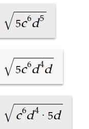 Simplify the radical expression. √20c^6 d^5-example-1