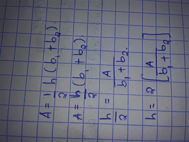 The formula for the area of a trapezoid is A = {h(bi + b2), where h is the height-example-1