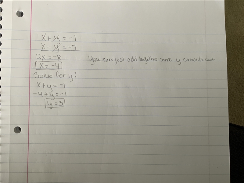 Solve by elimination. X + y = -1 x-y=-7-example-1