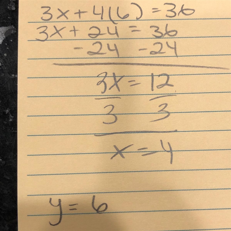 Solve this system of equations. 3x + 4y = 36 y=-2 +8-example-1