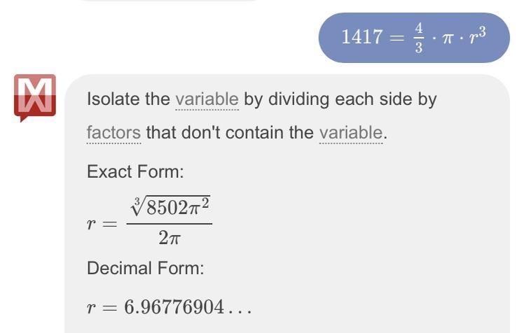 1417= 4/3*pi*r^3 Find r-example-1