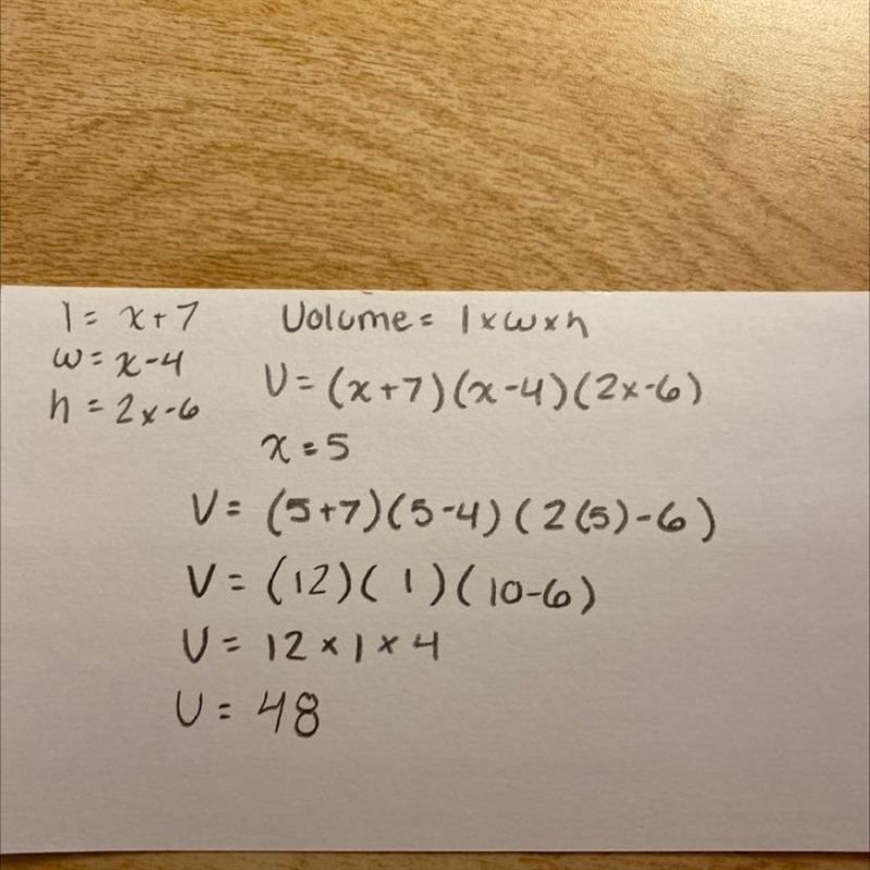 A box has the following dimensions: length = x +7, width = x - 4, height = 2x-6. Find-example-1