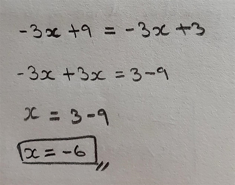 -3x+9=-3x+3 what is the solution-example-1