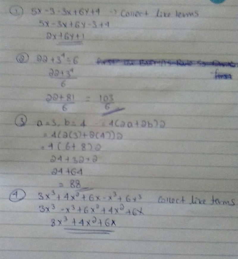 Write the simplified form of 5x-3-3x+6y+4 Simplify the expression 22+3⁴ ÷6 Evaluate-example-1