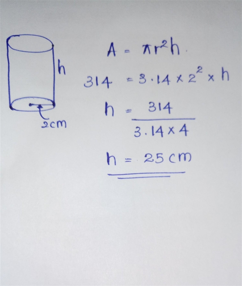 if a cylinder with a radius of 2cm has a volume of 314cm^3, what is the height of-example-1