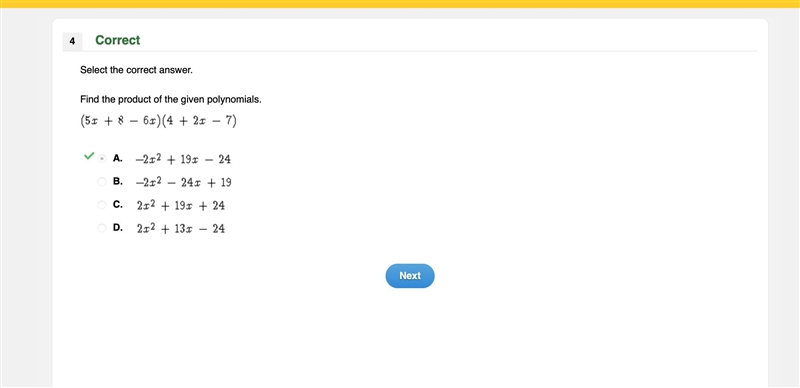 Find the product of the given polynomials. A. B. C. D.-example-1