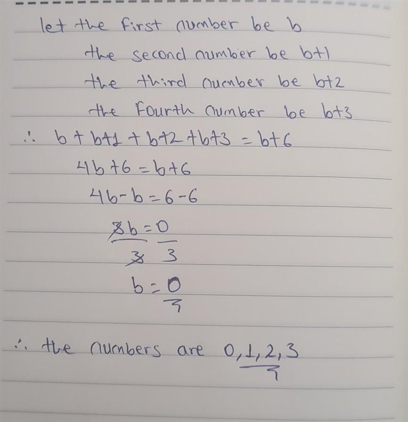 The sum of four consecutive numbers equals b+6. What are the numbers?-example-1