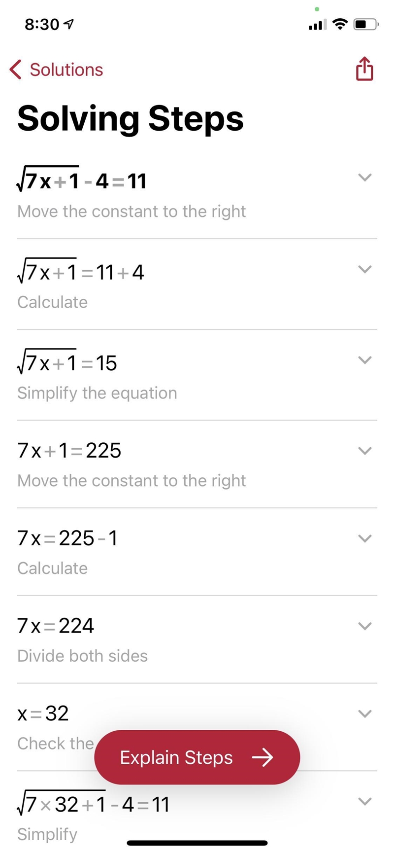 I am bad at math, and don't understand this... √(7x+1) - 4 = 11-example-1