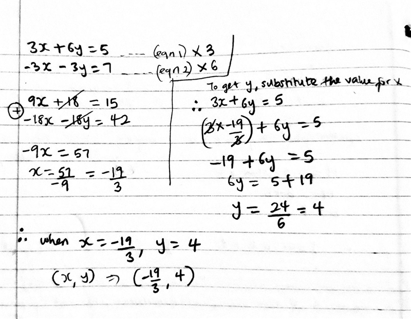 3x+6y=5 -3x-3y=7 Solve the systems of equations-example-1