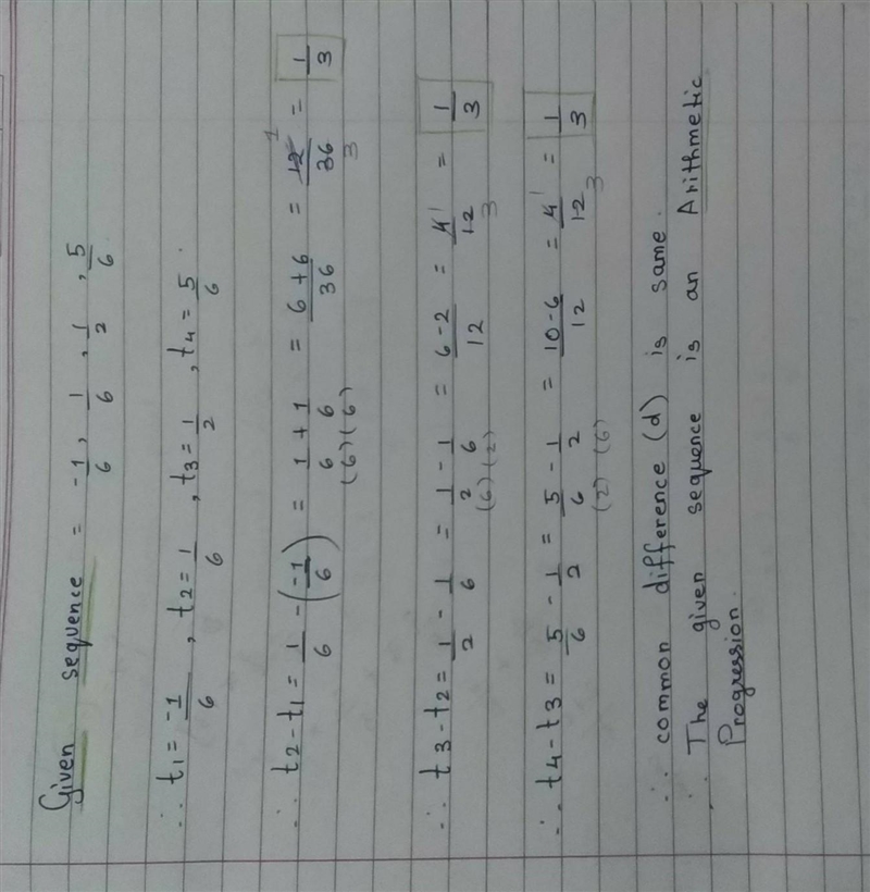 -1/6,1/6,1/2,5/6 Is this sequence arithmetic, and if so, what is the common difference-example-1