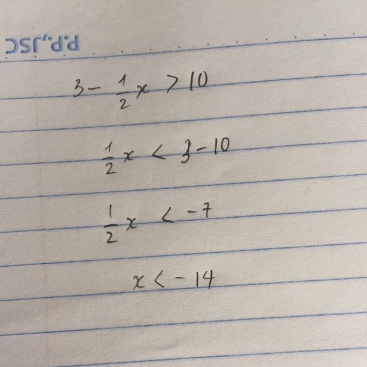 Which of the following solution sets represent the inequality 3-1/2x>10?​-example-1