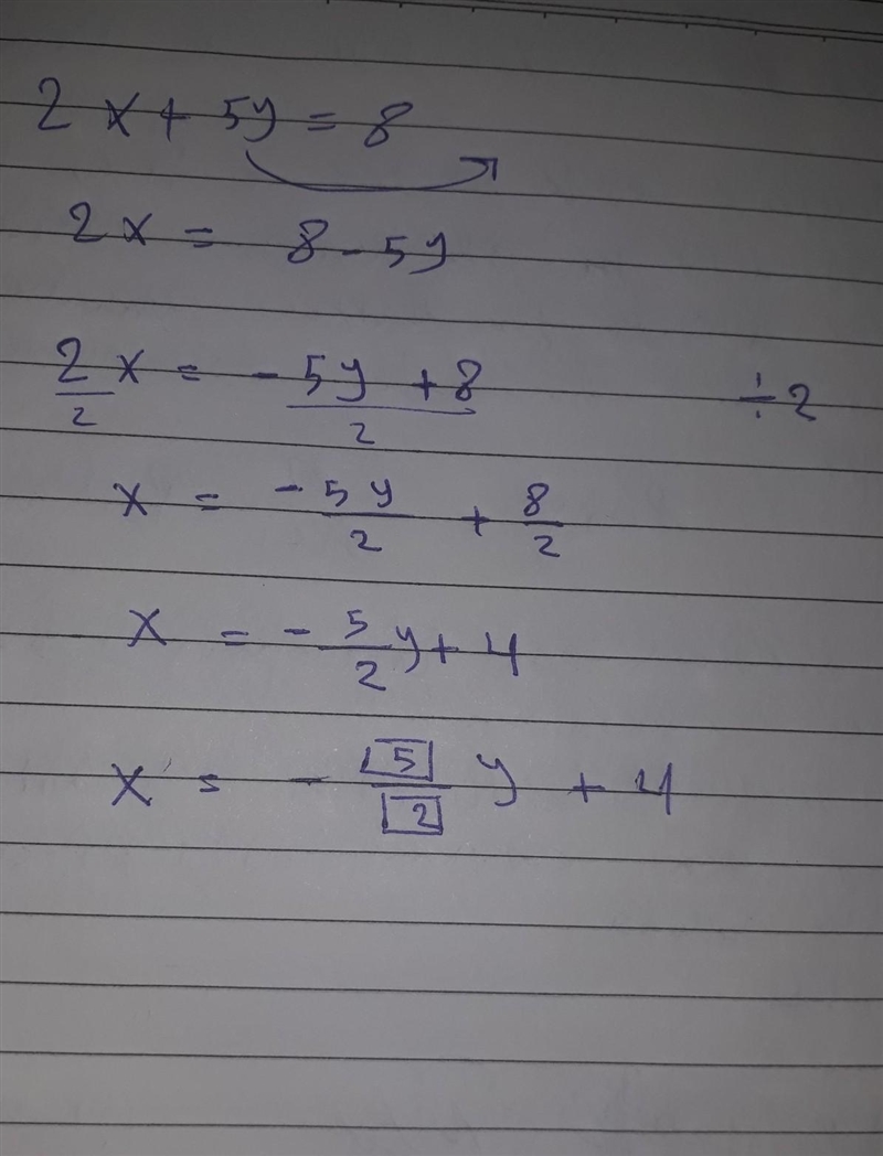 Solve for x: 2x + 5y = 8 Enter the number that belongs in the green box. X = By fyt-example-1