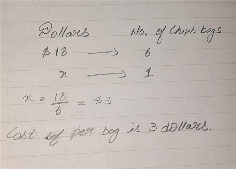 A person buys 6 bags of chips for 18 dollars. How much is it per bag-example-1