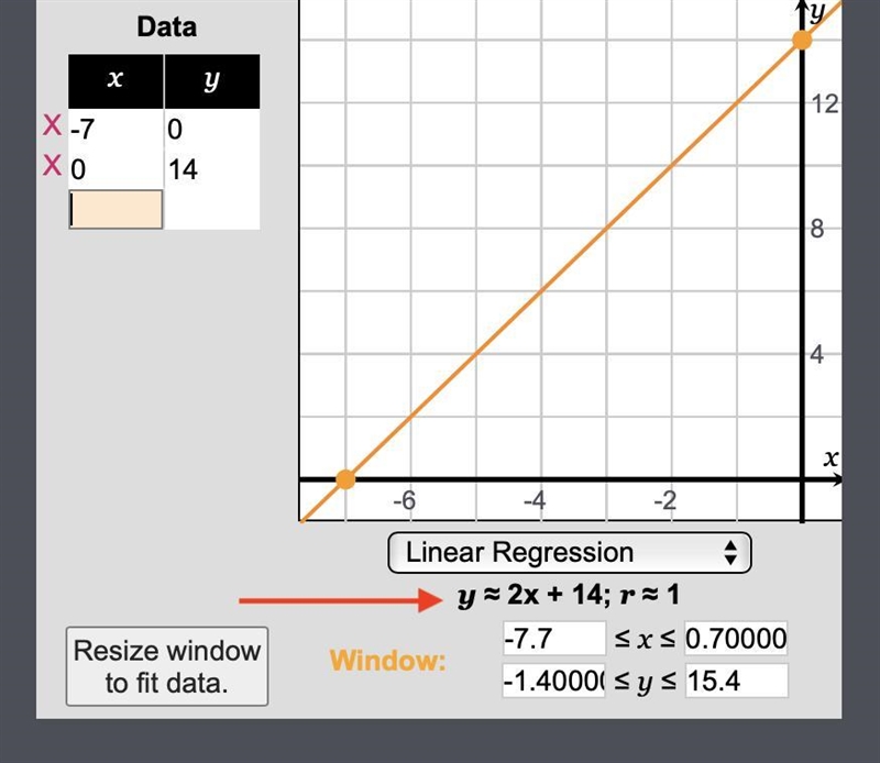 What is the equation of the line passing through (-7,0) and (0,14)-example-1