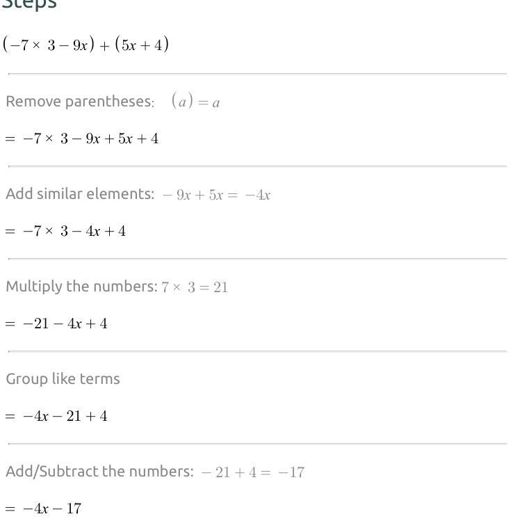 What is the sum of (-7x3 - 9x) + (5x + 4)?​-example-1