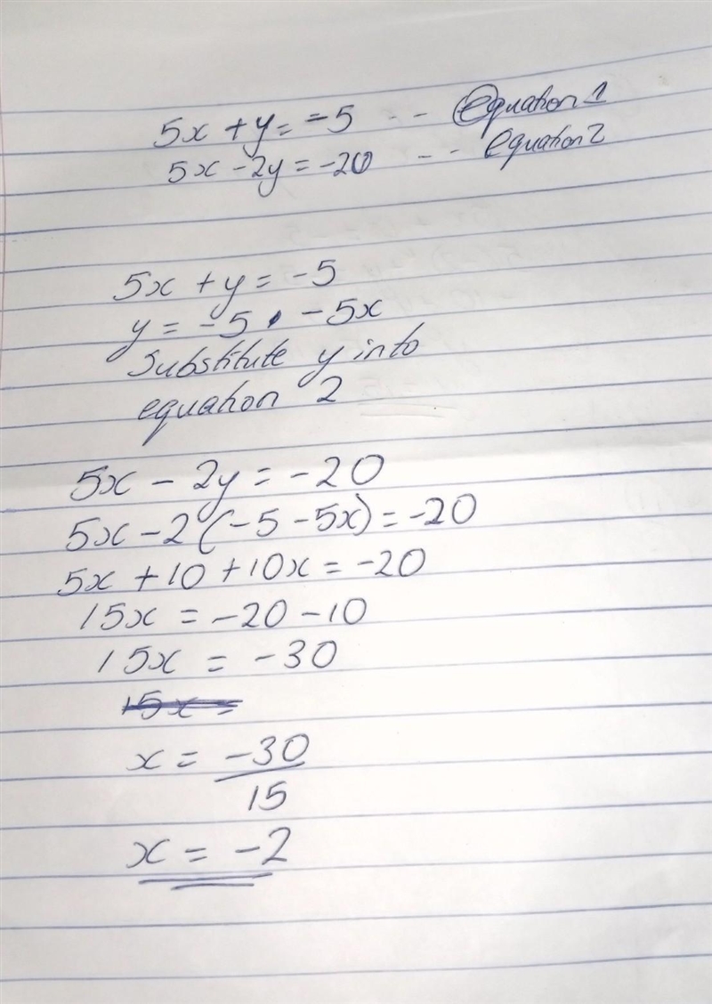 Solve the simultaneous equations 5x + y = – 5 5x - 2y = - 20-example-1