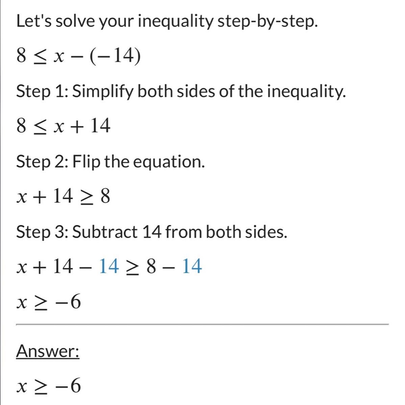 Solve for x. 8 ≤ x - (-14)-example-1