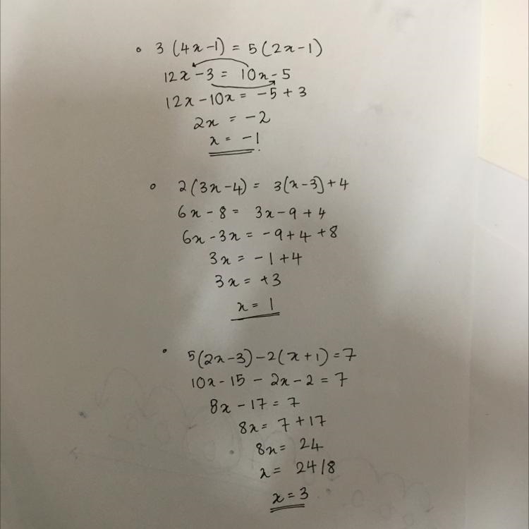 3(4x - 1) = 5(2x -1) 2(3x - 4) = 3(x - 3) + 4 5(2x - 3) - 2(x + 1) = 7 bilinmeyen-example-1