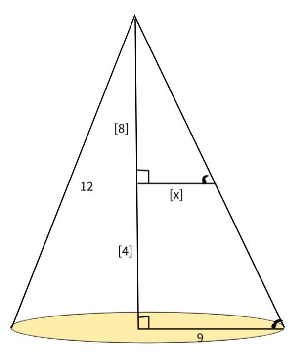 A cone has radius 9 and a height 12. A frustum of this cone has height 4. What are-example-1