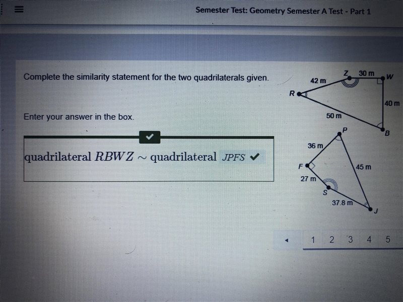 Complete the similarity statement for the two quadrilaterals given. Enter your answer-example-1