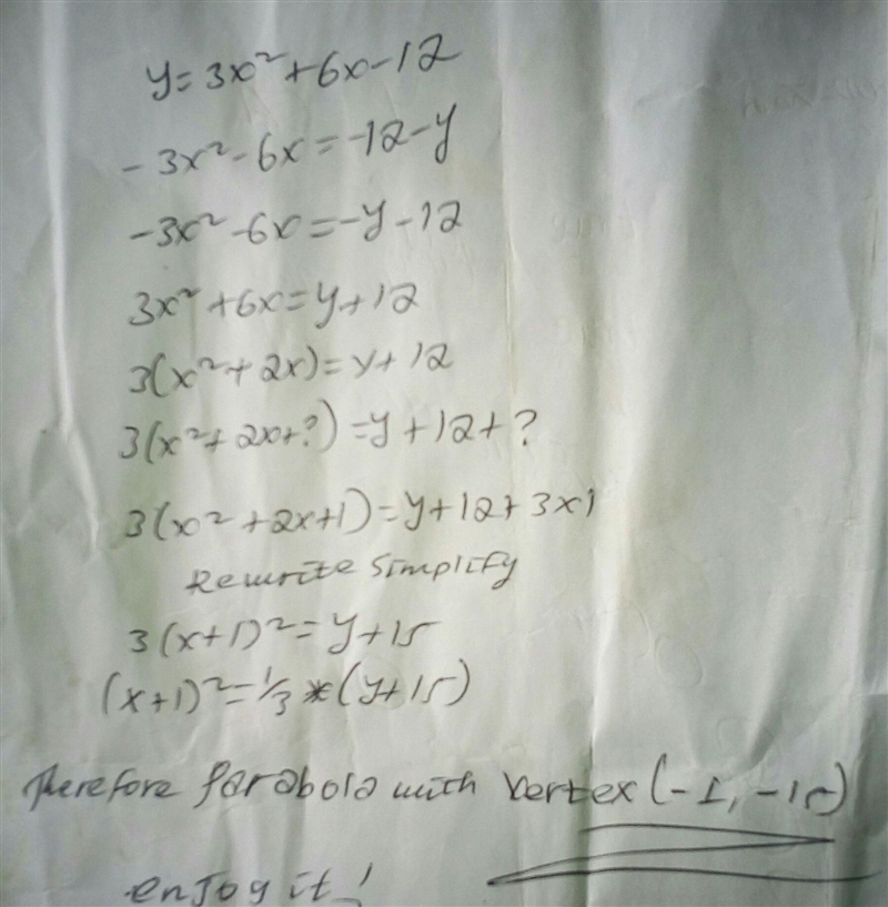 "A parabola has the equation y=3x^2+ 6x- 12 . What are the coordinates of the-example-1