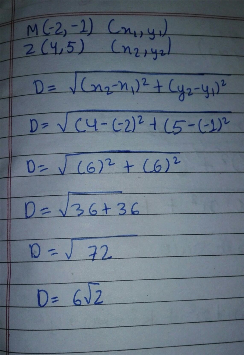 What is the distance between points M(-2,-1) & Z( 4,5). Write your answer as a-example-1