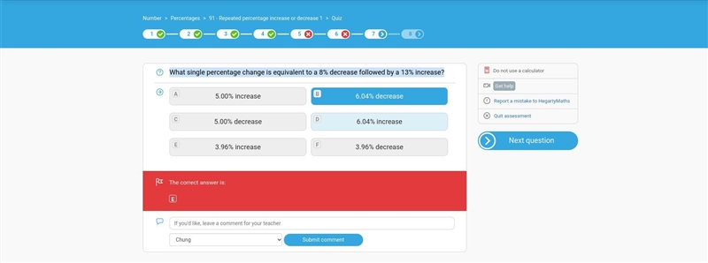 What single percentage change is equivalent to a 8% increase followed by a 13% decrease-example-1