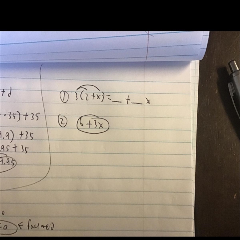 Use the distributive property to find the equivalent expression. 3(2 + x) =__+__x-example-1