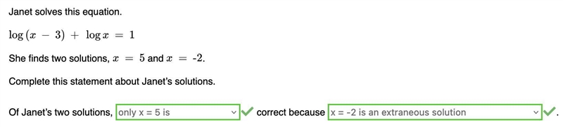 Select the correct answer from each drop-down menu. Janet solves this equation. She-example-1